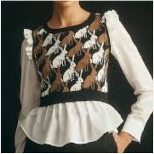 Anthropologie Ruffled Sweater Vest with a black brown white rabbit blouse size S